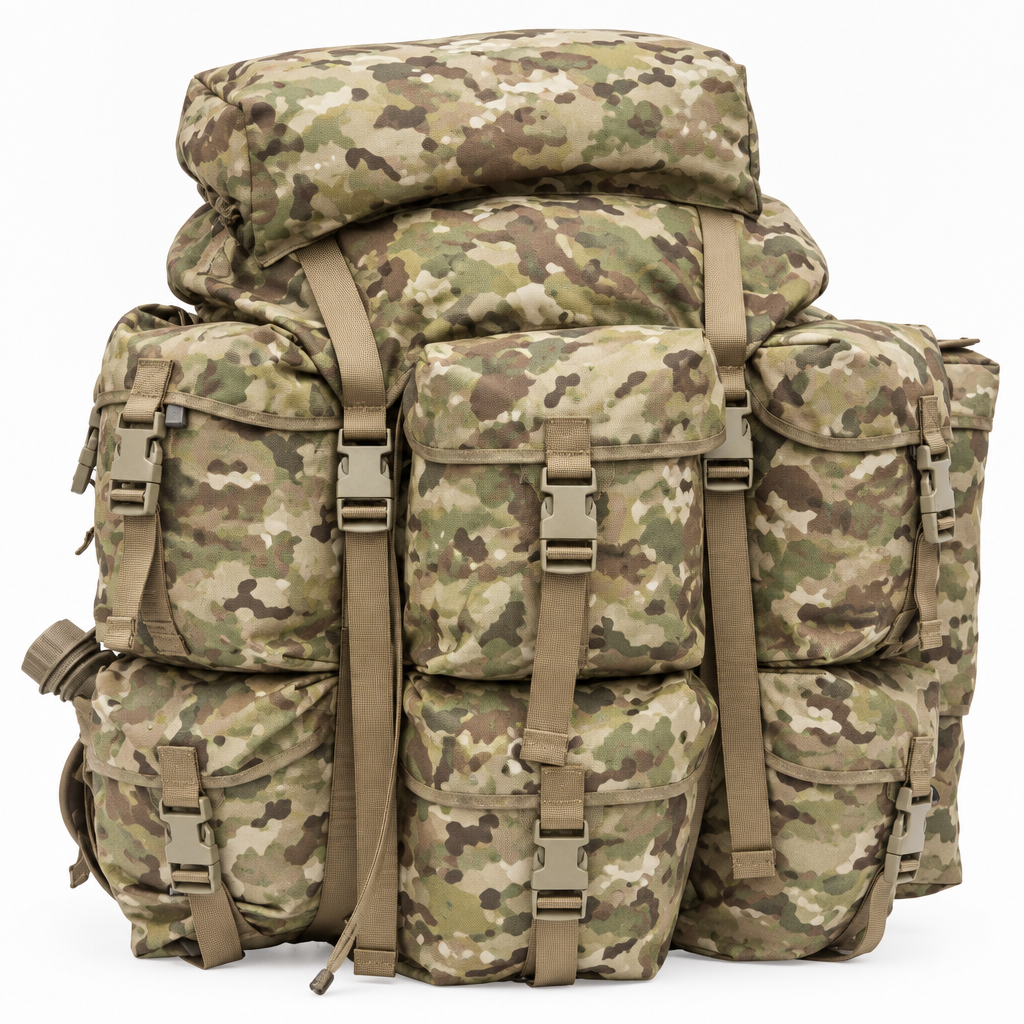XL Alice pack in Multicam camouflage showing all six external pouches, top pocket and side pockets
