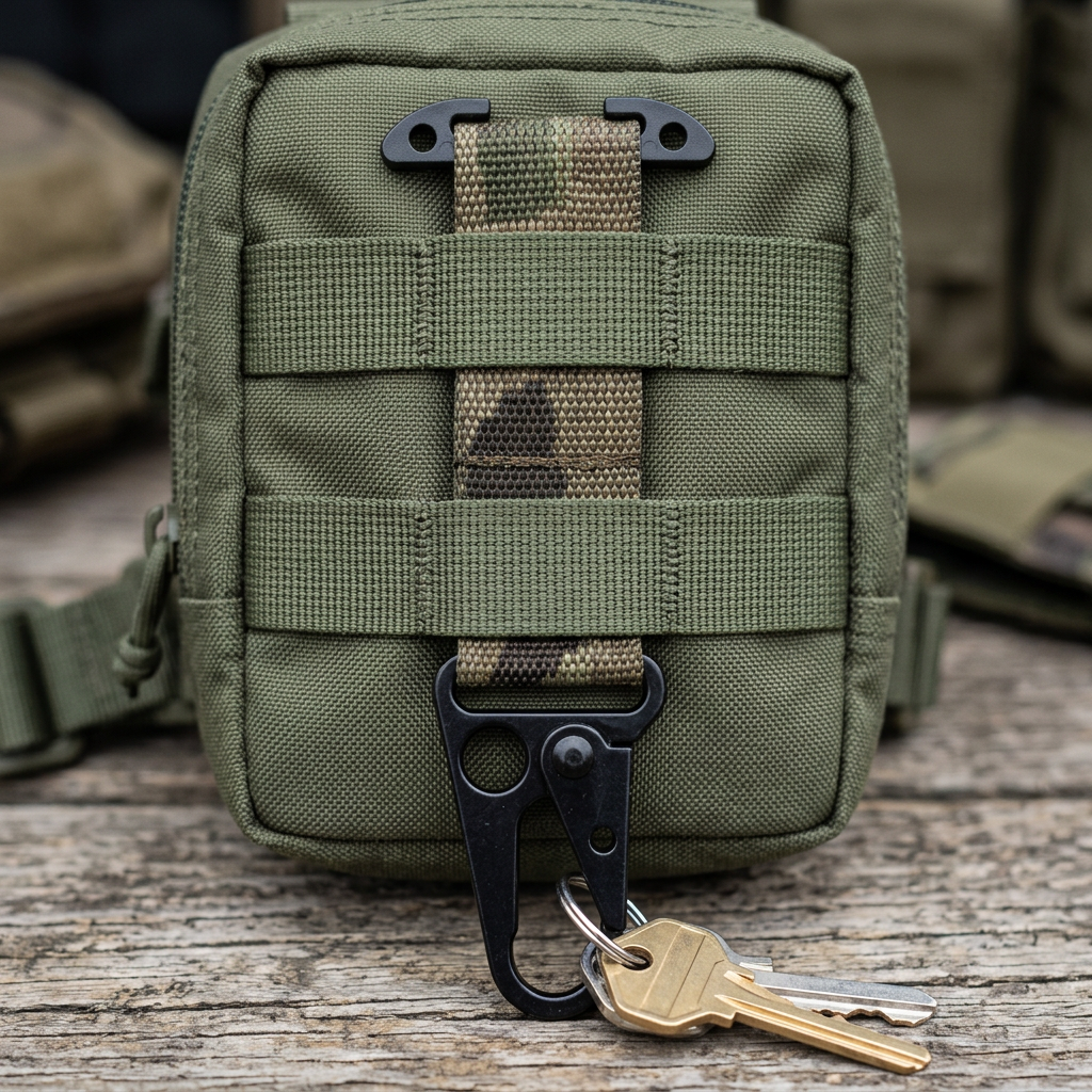 AI-generated illustration of Multicam tactical key holder threaded through ranger green pouch MOLLE webbing