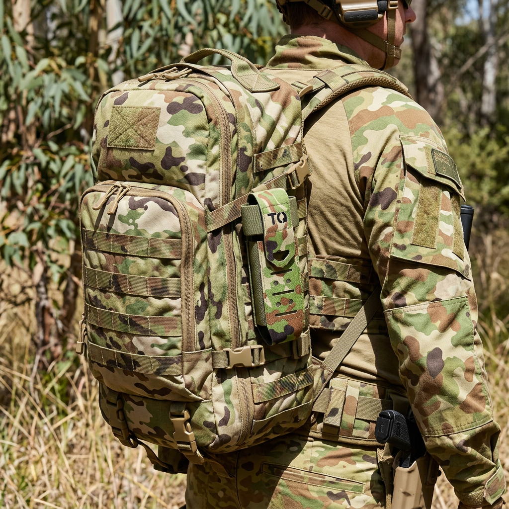 Illustrative tourniquet holder mounted on a camouflage backpack, approximate scale and camouflage