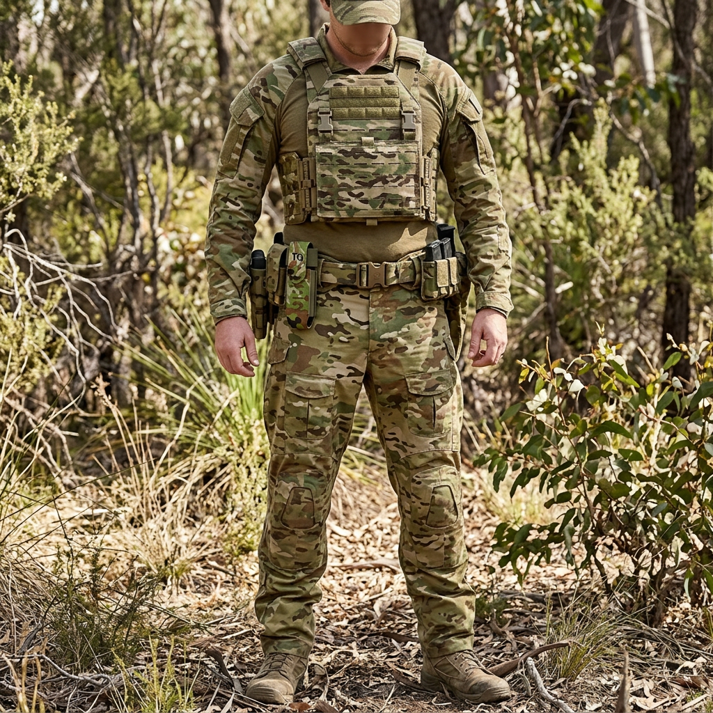 Illustrative tourniquet holder mounted on camouflage belt gear, approximate scale and camouflage