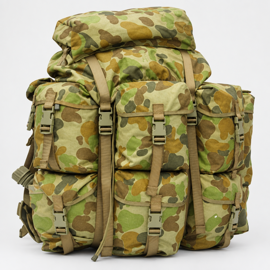 XL Alice pack in Auscam camouflage showing all six external pouches, top pocket and side pockets