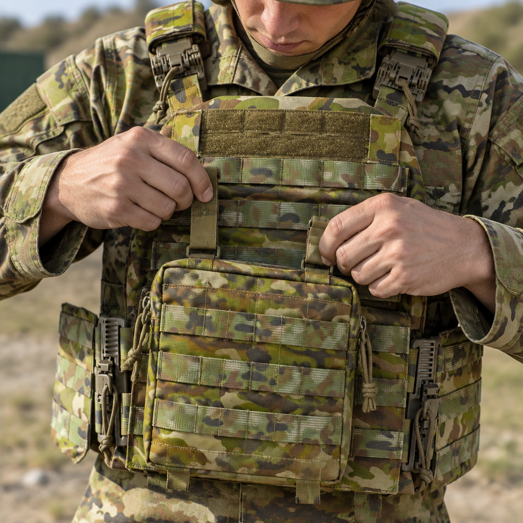 Cadet attaching a MOLLE pouch to the AMCU tactical assault plate carrier