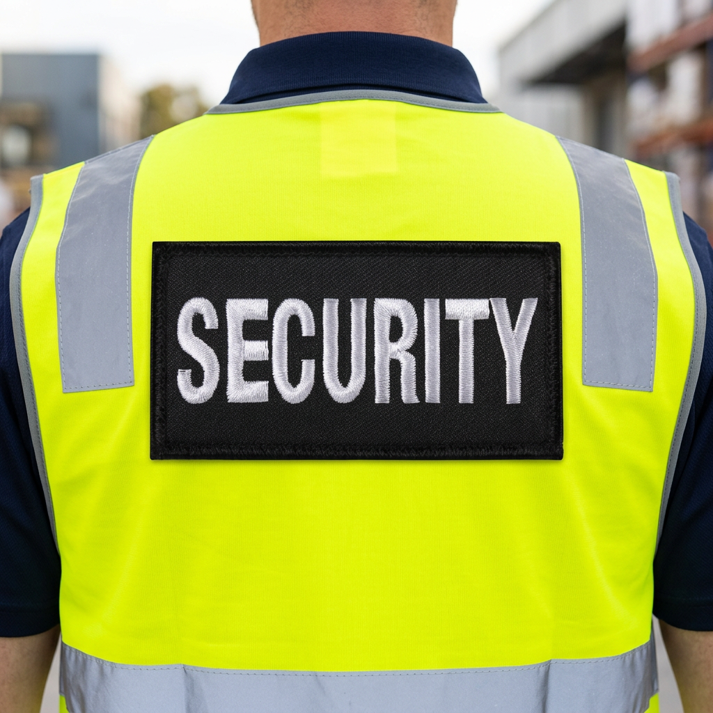 Illustrative mockup of large SECURITY patch on the back of a hi-vis vest