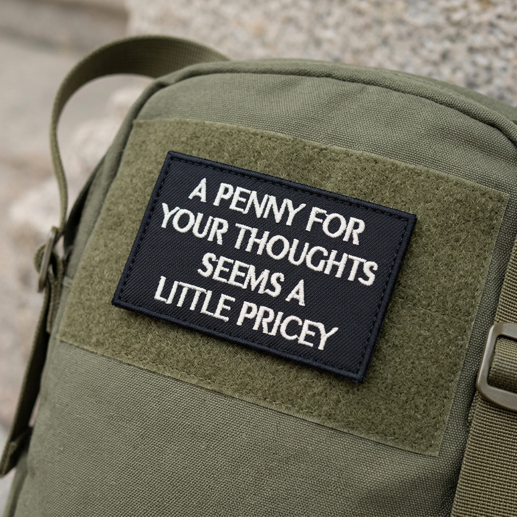A Penny For Your Thoughts patch mock-up on an olive backpack