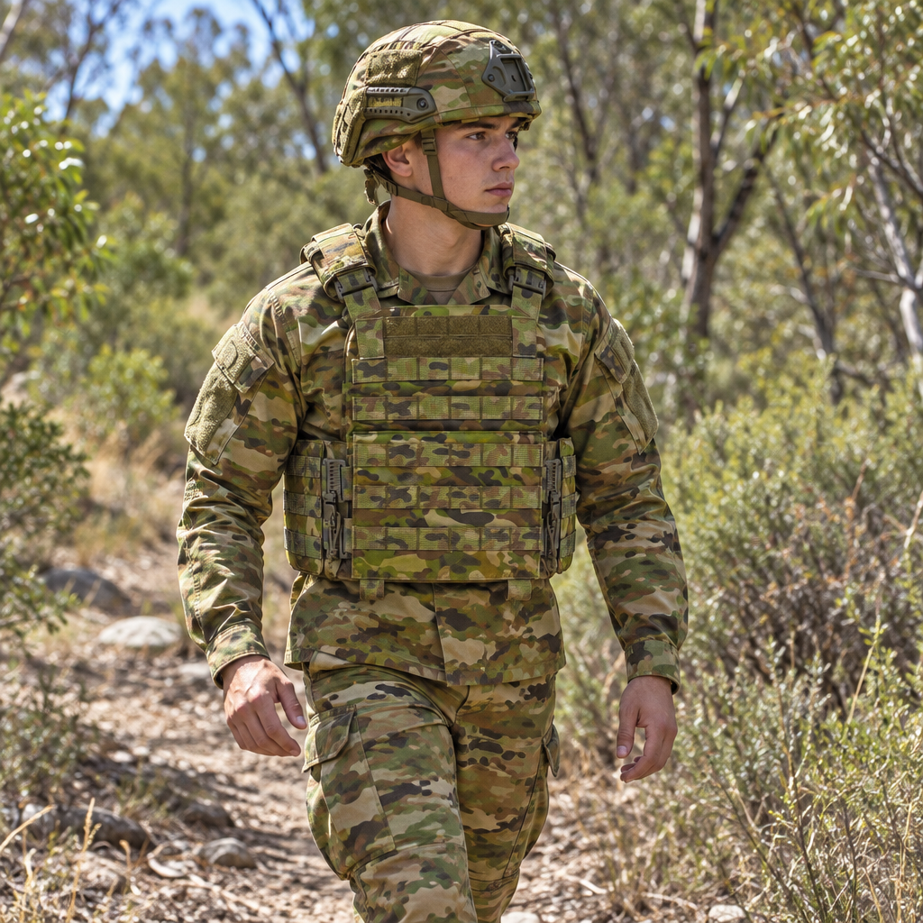 Cadet walking along a bush trail during a patrol exercise wearing the AMCU tactical assault plate carrier