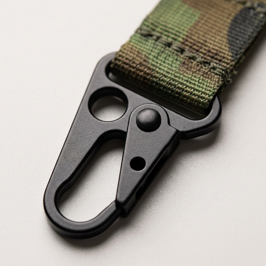 Illustrative detail of tactical key holder clip and webbing
