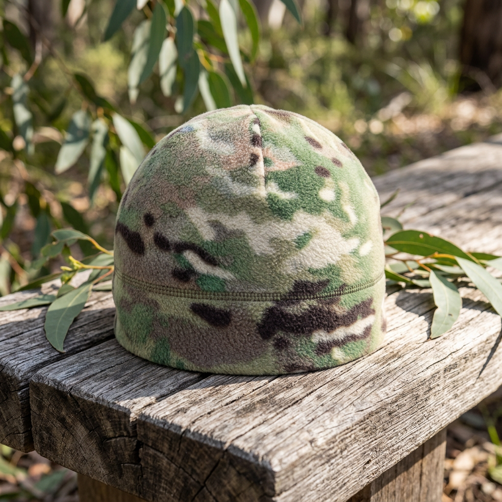Illustrative Multicam Tactical beanie on a timber bench in bushland