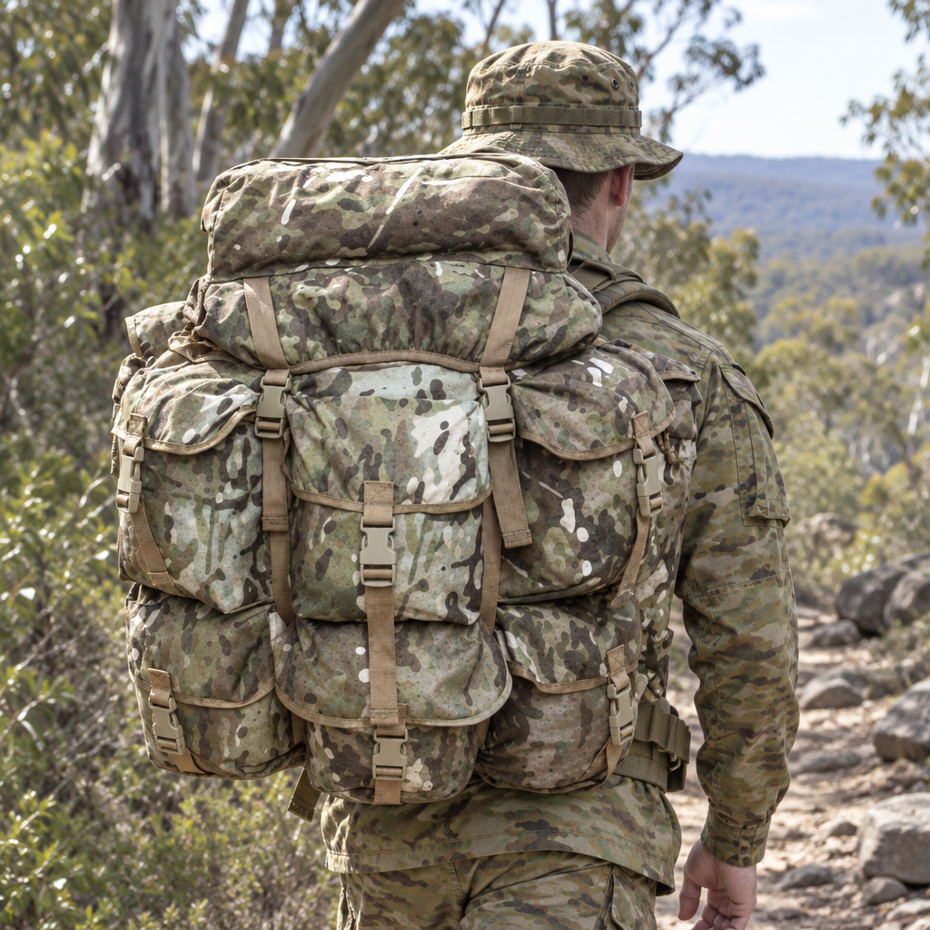 Australian Army cadet wearing the XL Alice pack in Multicam camouflage while hiking a bush trail