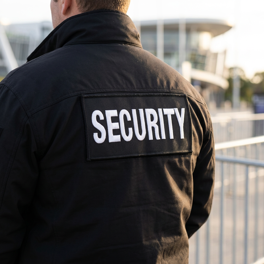 Illustrative mockup of large SECURITY patch on the back of a security jacket