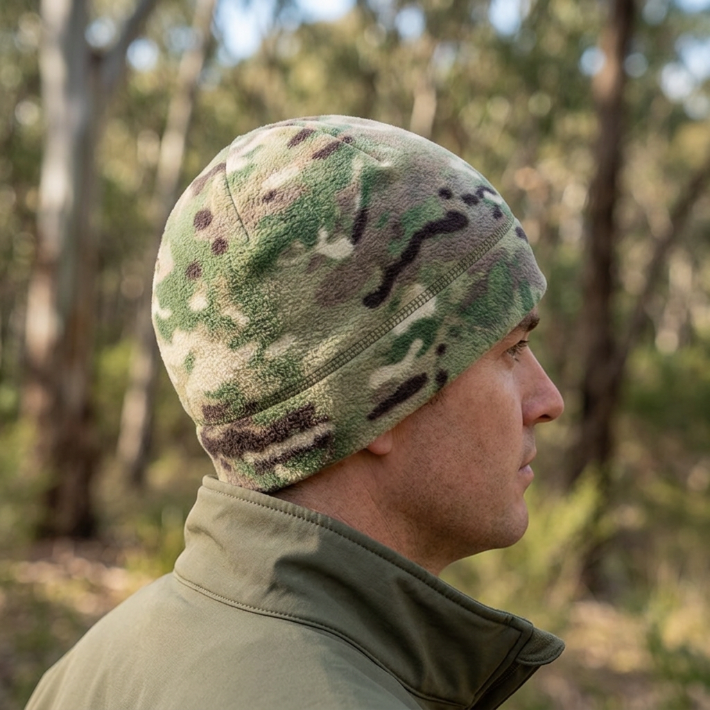 Illustrative adult wearing Multicam Tactical beanie outdoors