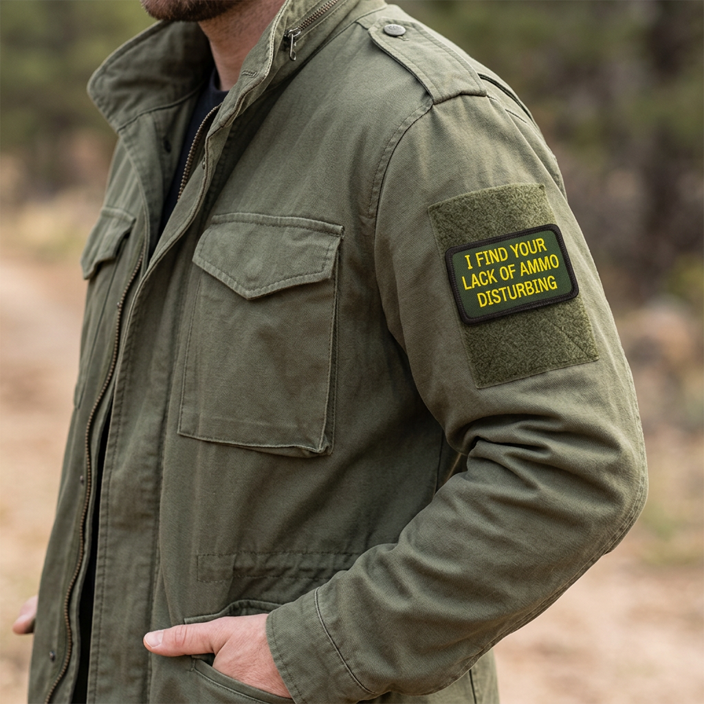 Illustrative Lack Of Ammo hook-and-loop patch worn on an olive jacket sleeve