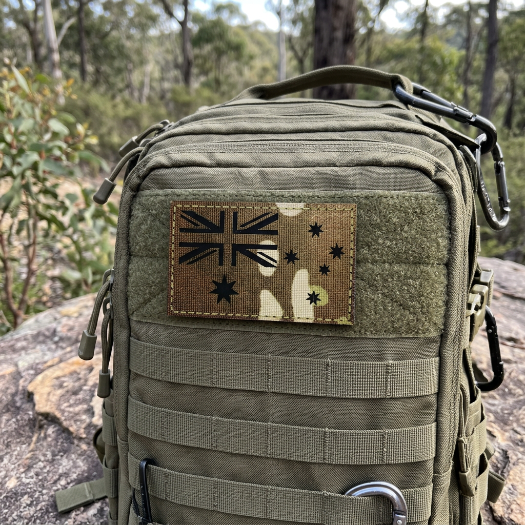 Illustrative mockup of Australian flag multicam patch on an olive backpack