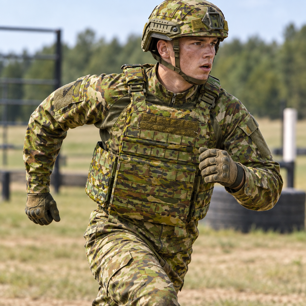 Cadet running during an outdoor training drill wearing the AMCU tactical assault plate carrier
