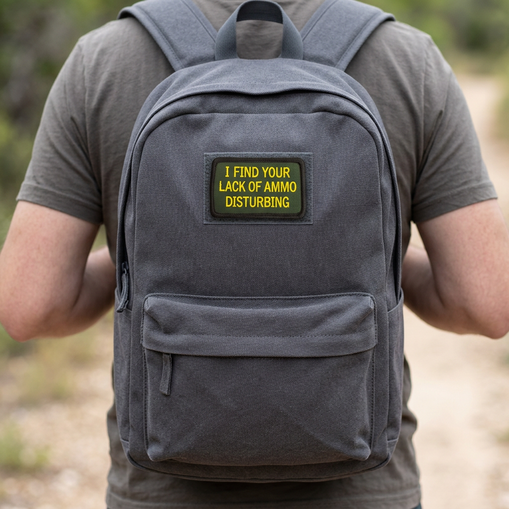 Illustrative Lack Of Ammo hook-and-loop patch on a charcoal backpack