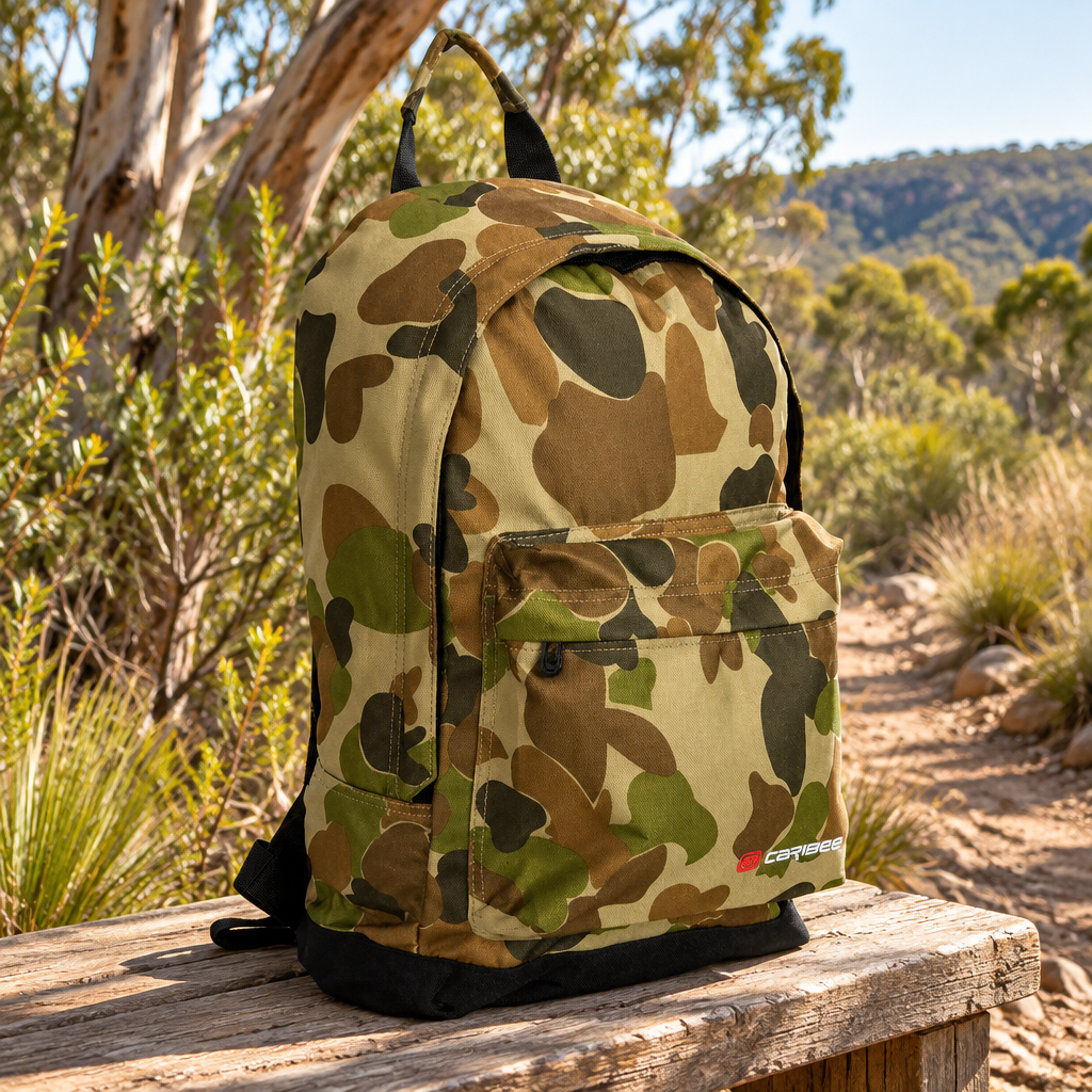 AI-generated illustrative image of an Auscam backpack outdoors; details may differ from the actual product