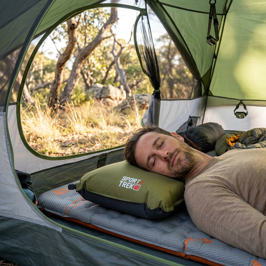 AI-generated illustrative scene of olive SPORTZTREK pillow used inside a hiking tent.