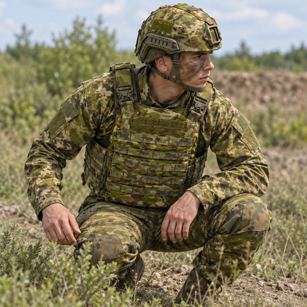 Cadet in a low crouch scanning the terrain during outdoor training wearing the AMCU tactical assault plate carrier