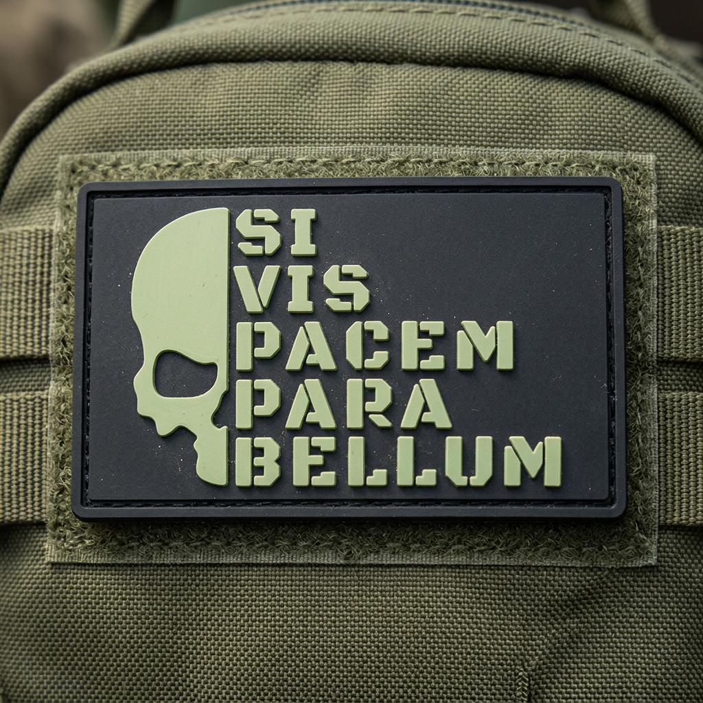 Black Para Bellum PVC patch on olive backpack mock-up