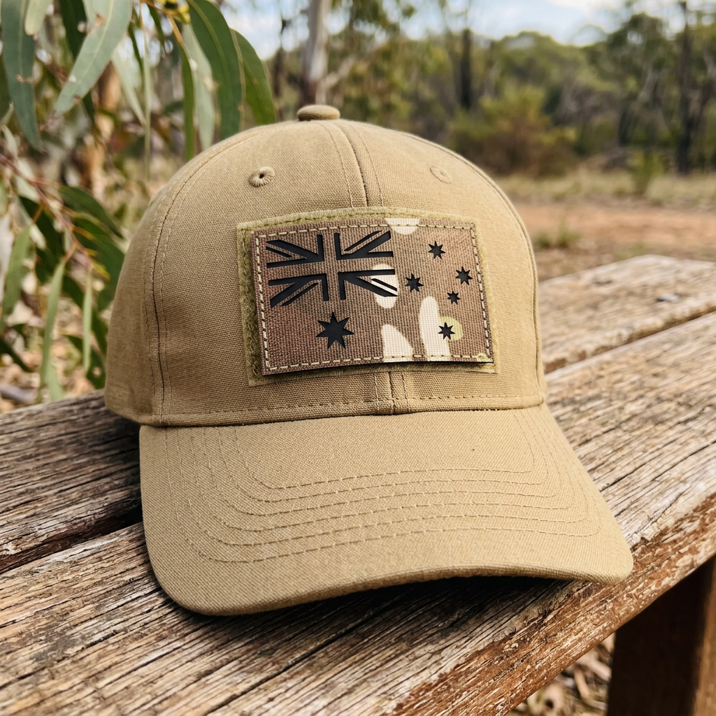 Illustrative mockup of Australian flag multicam patch on a tan tactical cap