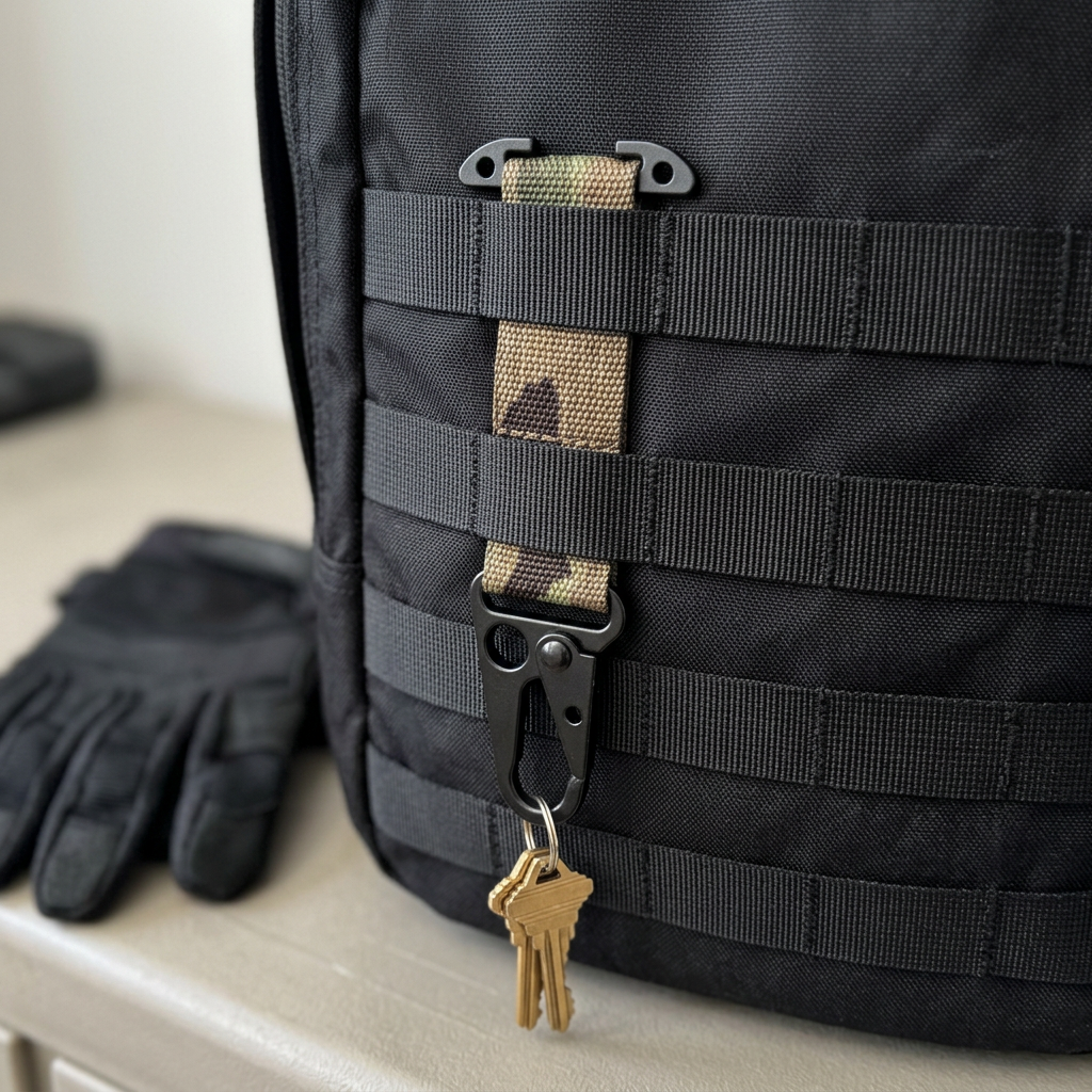 AI-generated illustration of Multicam key holder threaded through black tactical backpack MOLLE