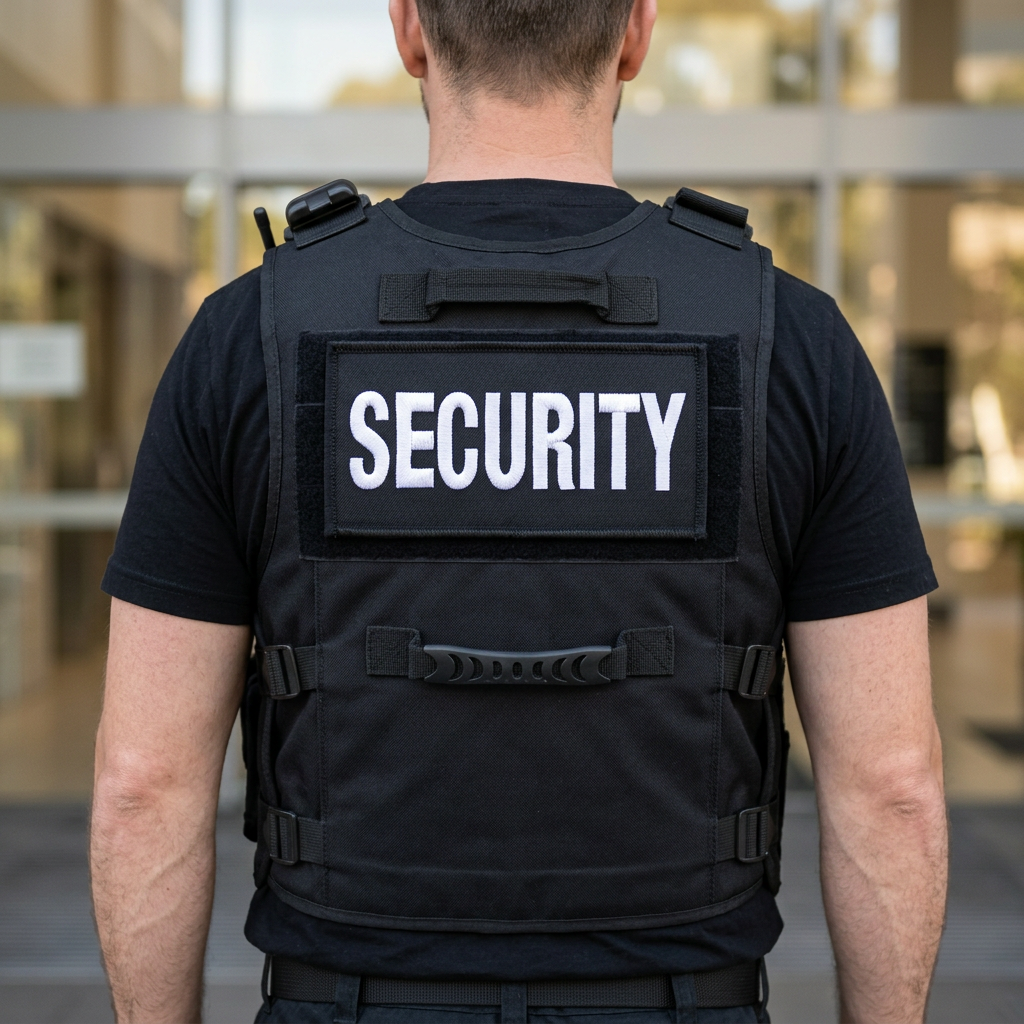 Illustrative mockup of large SECURITY patch on the back of a black duty vest