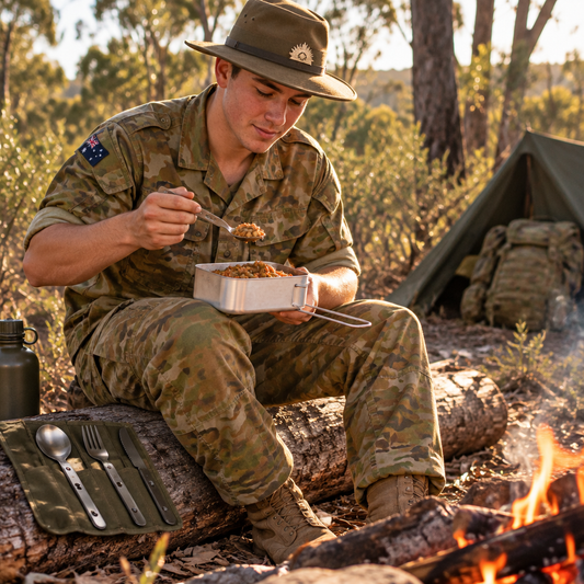 Cadet eating a meal from the Dixie mess kit using the KFS set at an Australian bush campsite