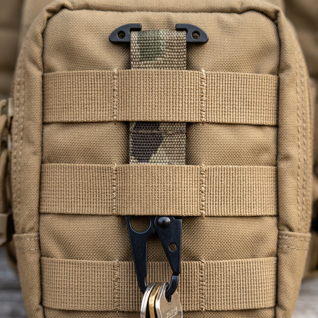 AI-generated illustration of Multicam tactical key holder threaded through tan pouch MOLLE webbing