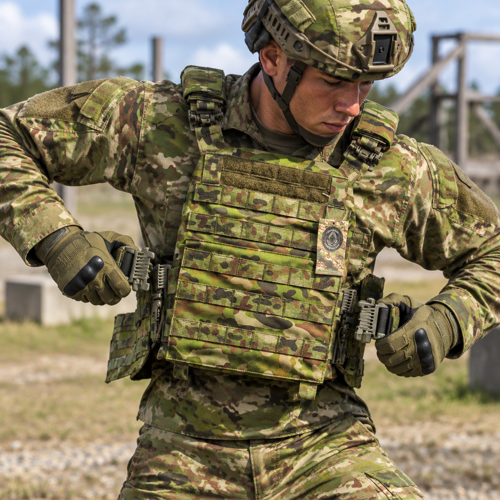 Cadet quickly donning the AMCU tactical assault plate carrier using its quick-release buckle system