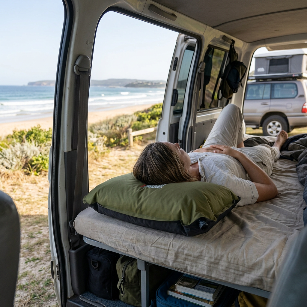 AI-generated illustrative scene of olive SPORTZTREK pillow used in a campervan.