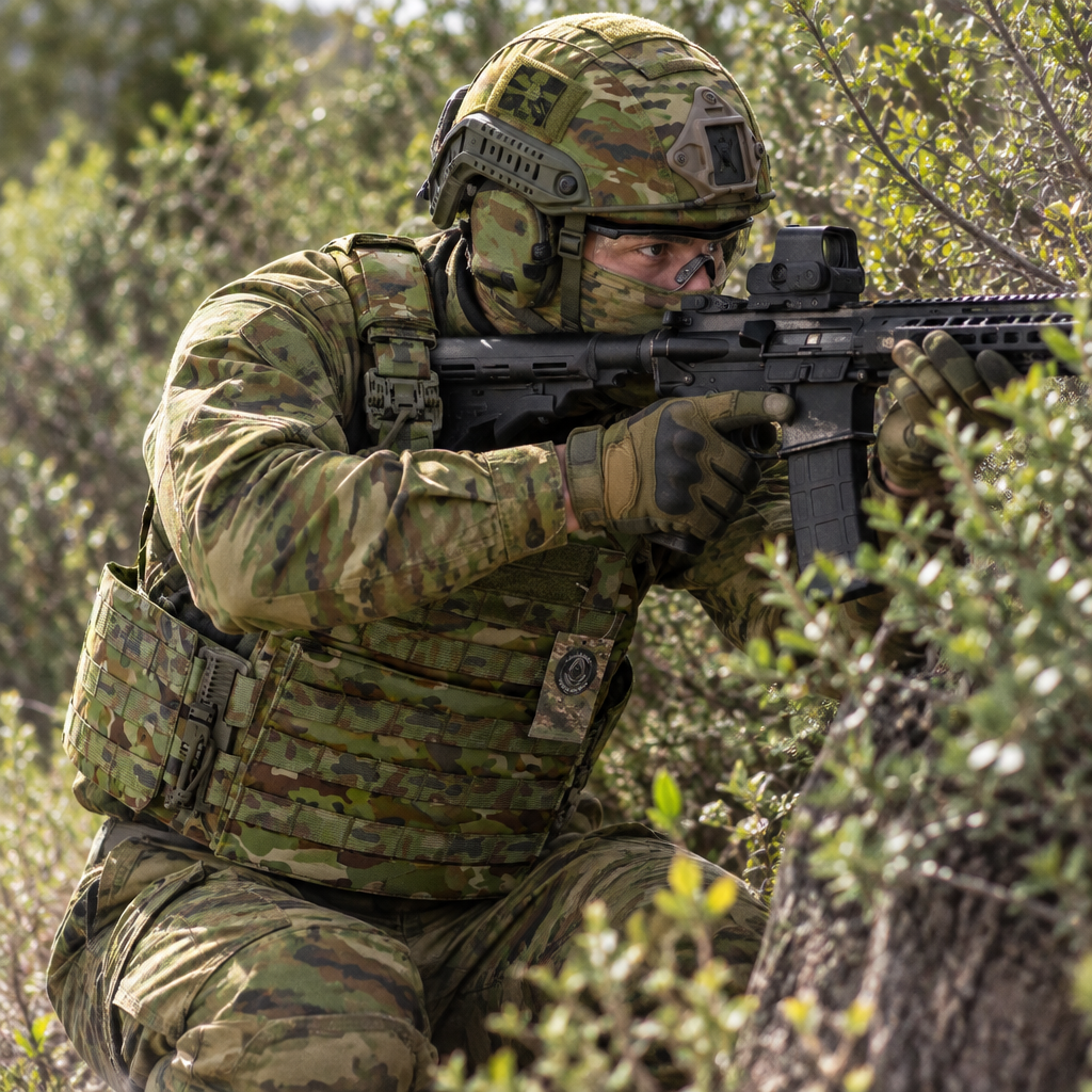 Cadet wearing the AMCU tactical assault plate carrier during outdoor field training, crouched behind cover