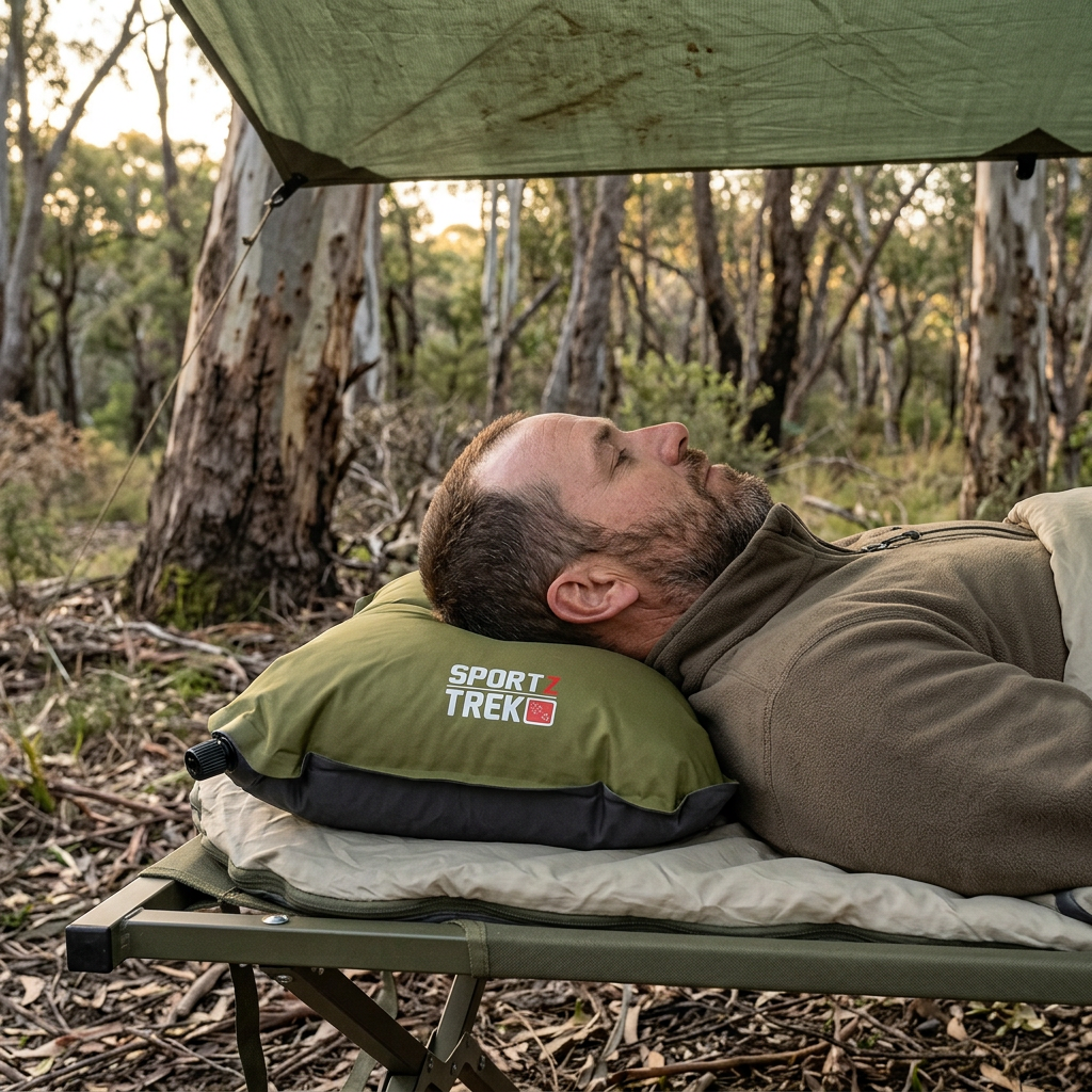 AI-generated illustrative scene of olive SPORTZTREK pillow used on a camping stretcher.