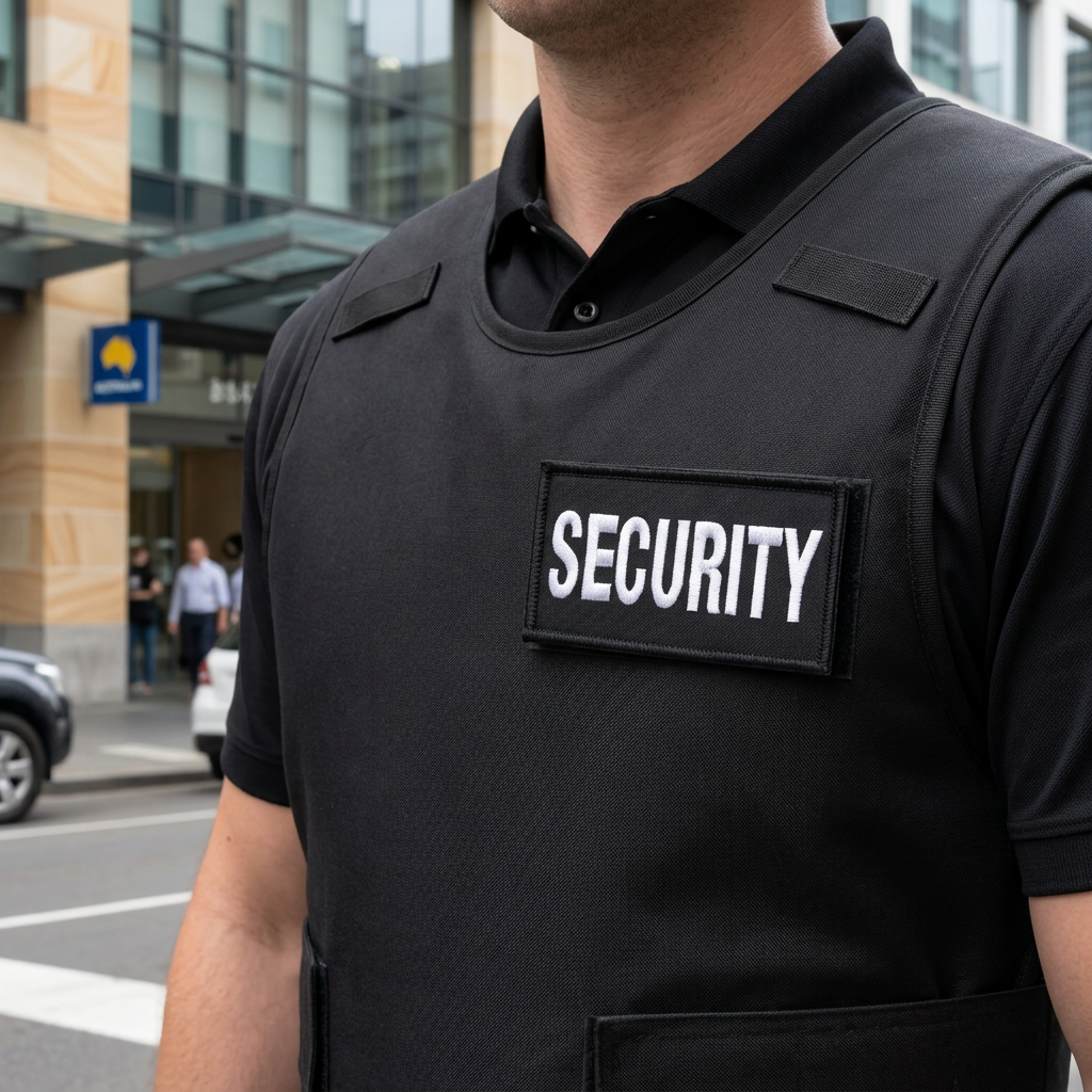 Illustrative mockup of SECURITY embroidered patch on a black duty vest