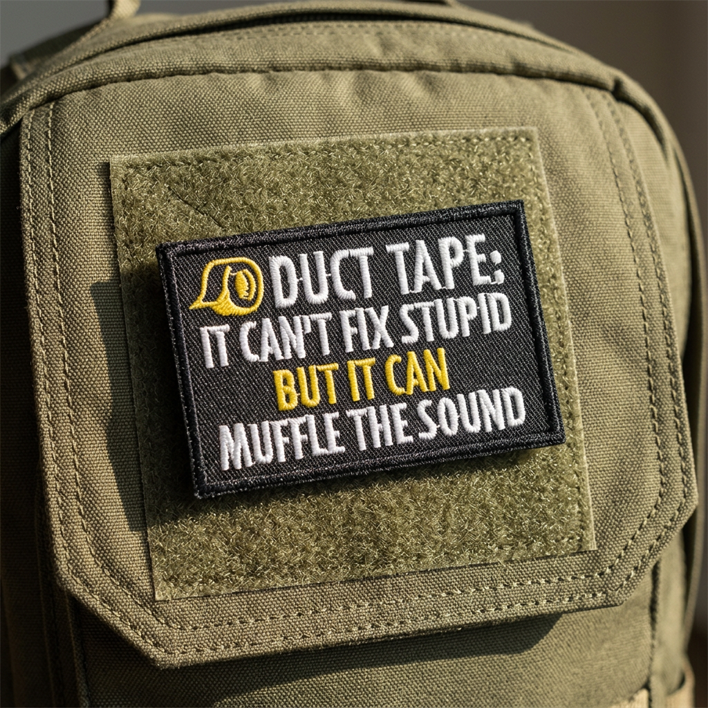 Duct Tape embroidered patch on olive backpack mock-up