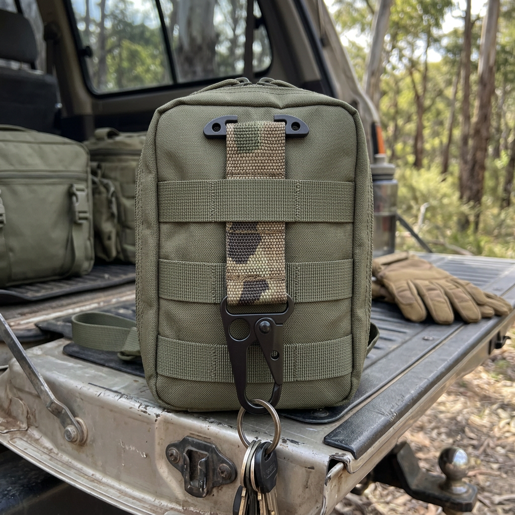 AI-generated illustration of Multicam key holder threaded through utility bag MOLLE on vehicle tailgate