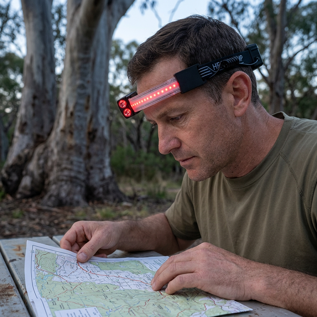 AI-generated illustrative scene of head torch red LEDs in use while checking a map
