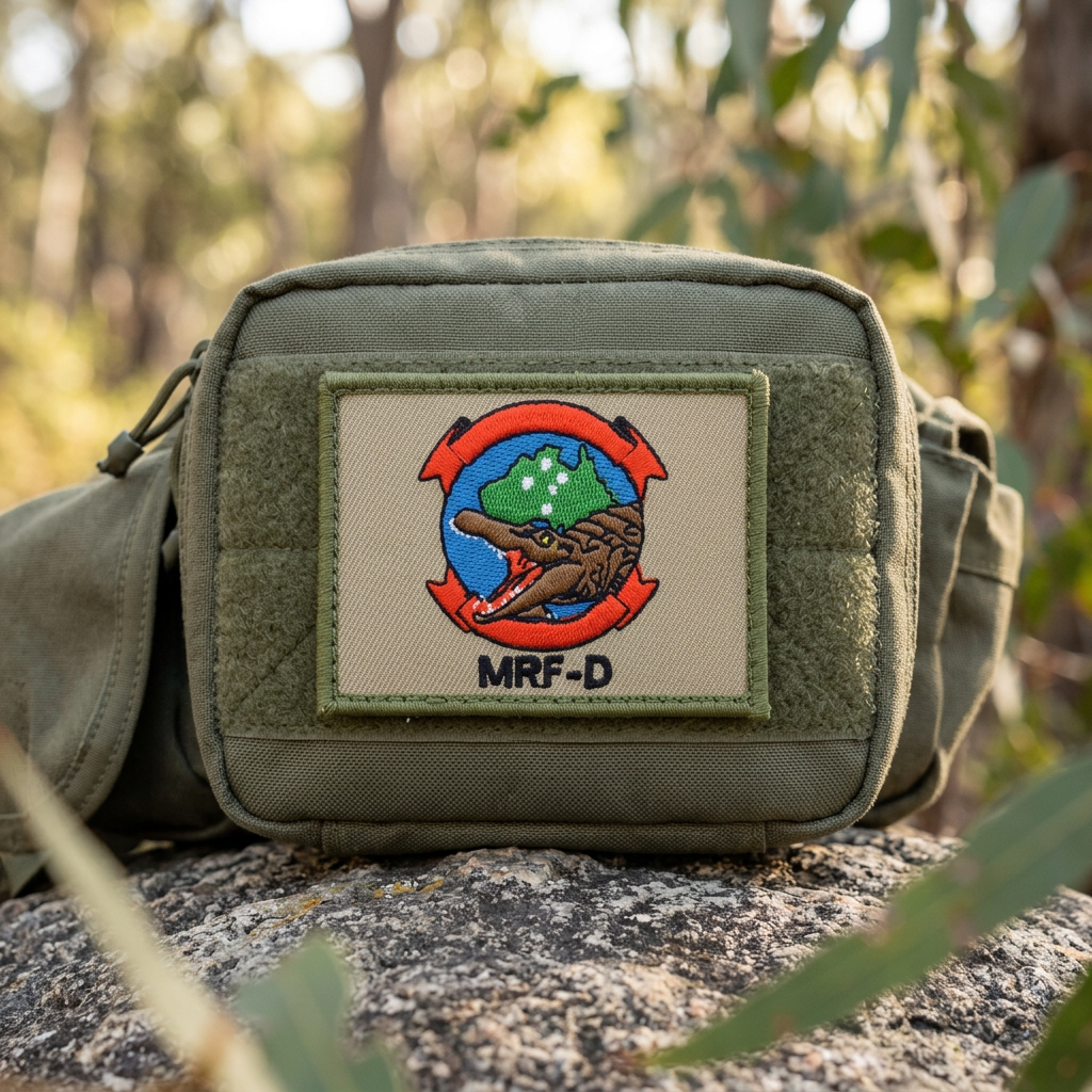 AI-generated illustration of MRF-D embroidered patch on a ranger green utility pouch