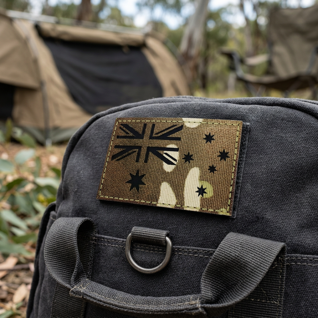 Illustrative mockup of Australian flag multicam patch on a charcoal gear bag