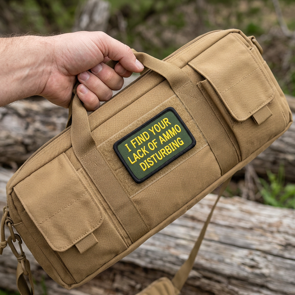Illustrative Lack Of Ammo hook-and-loop patch on a tan gear bag