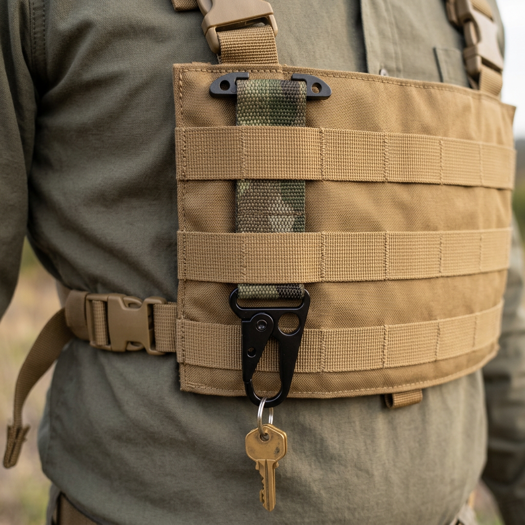 AI-generated illustration of Multicam key holder threaded through worn tan chest rig MOLLE