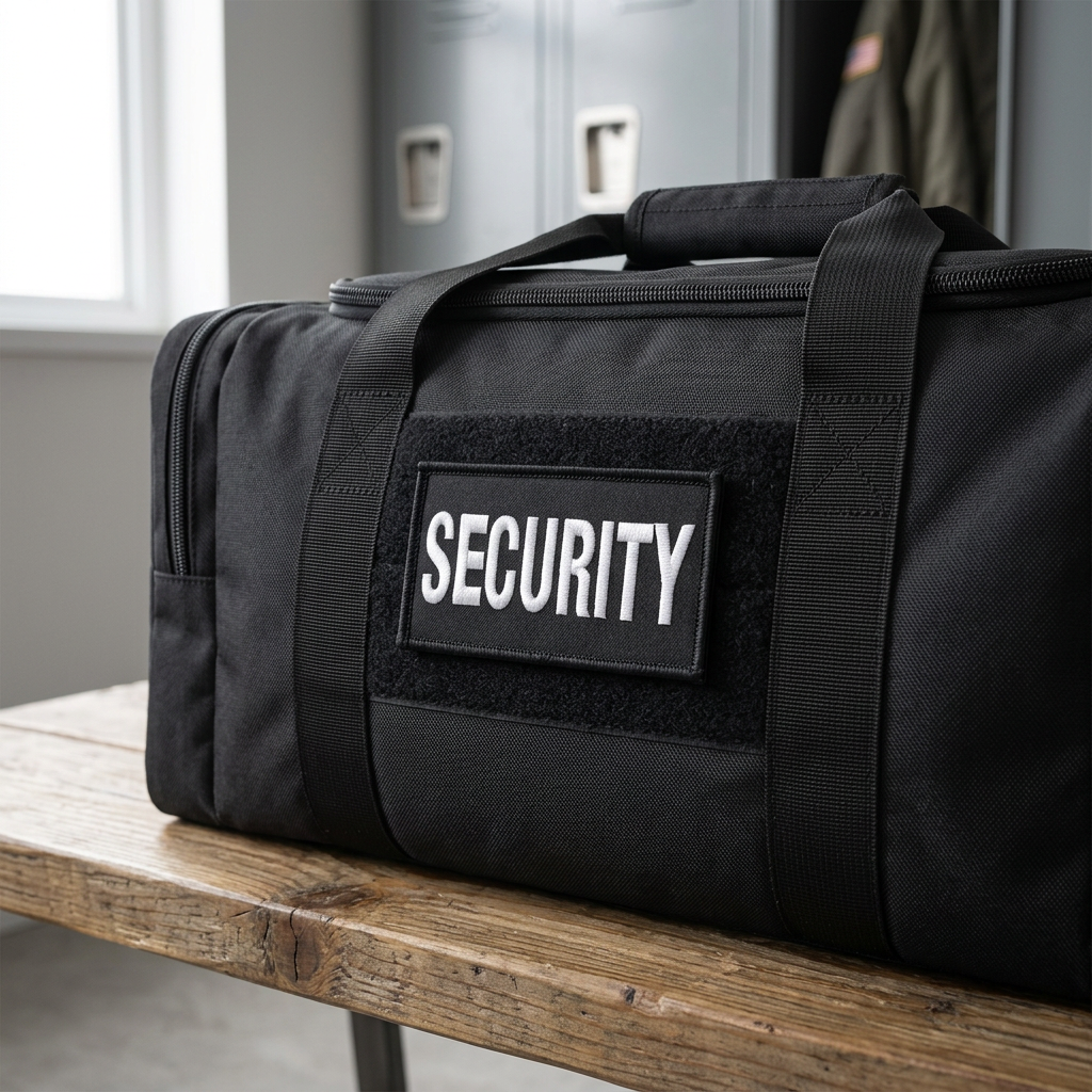 Illustrative mockup of SECURITY embroidered patch on a black gear bag
