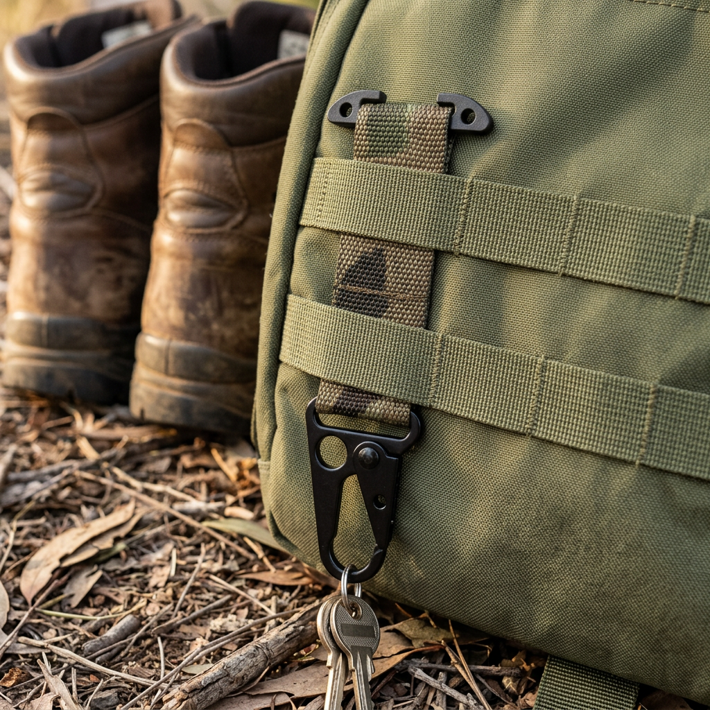 AI-generated illustration of Multicam key holder threaded through olive pack MOLLE beside boots