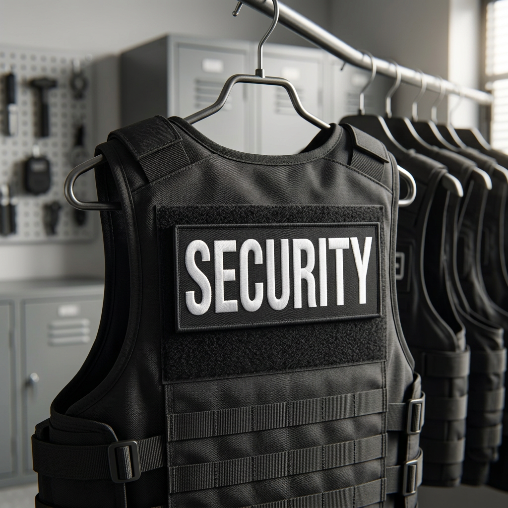 Illustrative mockup of large SECURITY patch on a vest hanging in an equipment room