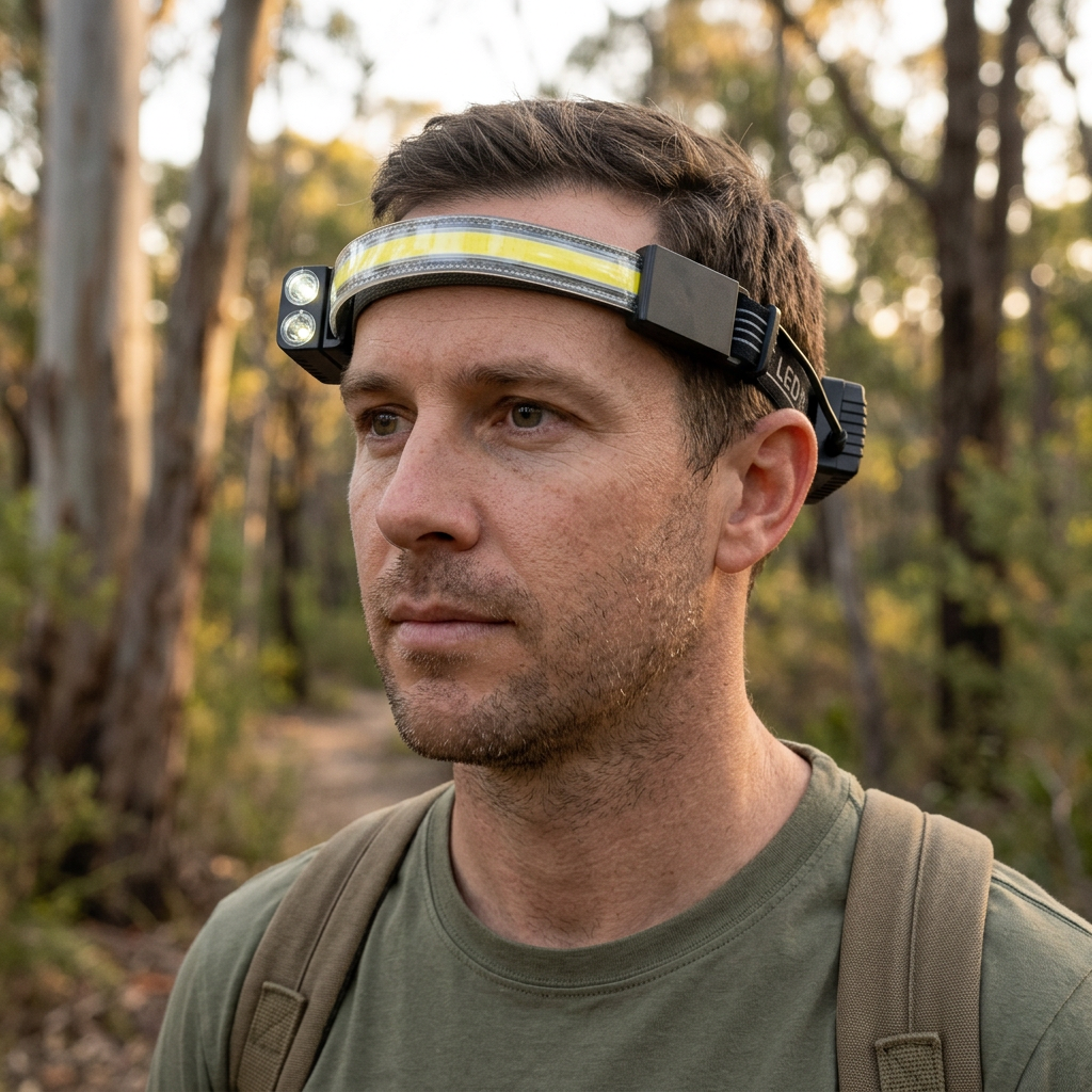 AI-generated illustrative scene of head torch worn on a bushwalk in natural light