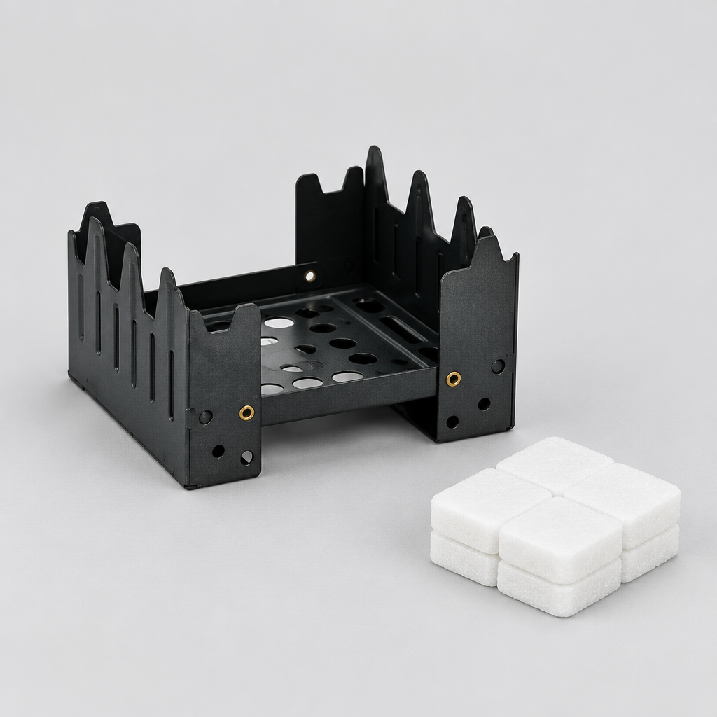 Folding pocket hexamine stove standing upright beside a pack of fuel tablets