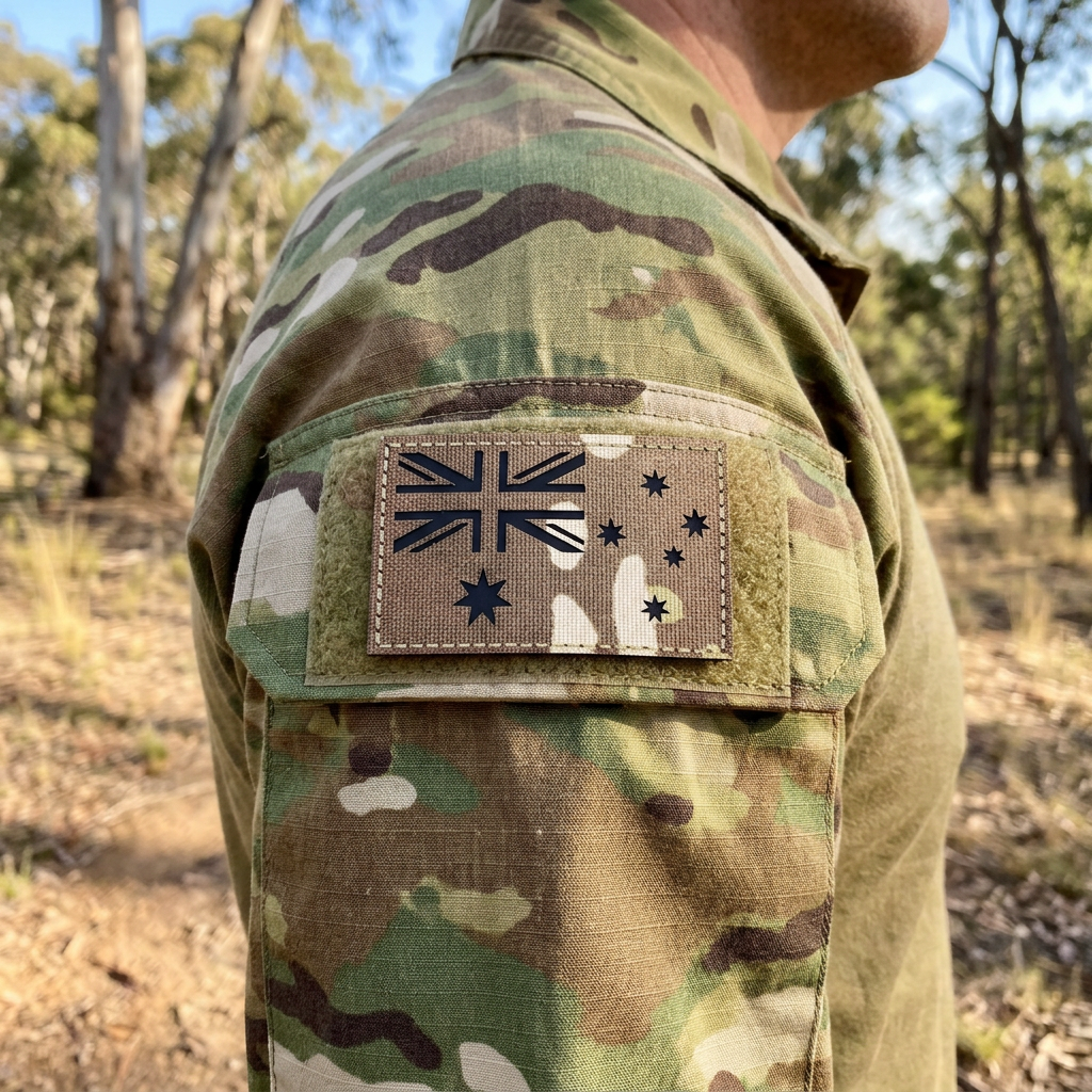 Illustrative mockup of Australian flag multicam patch on a camouflage sleeve