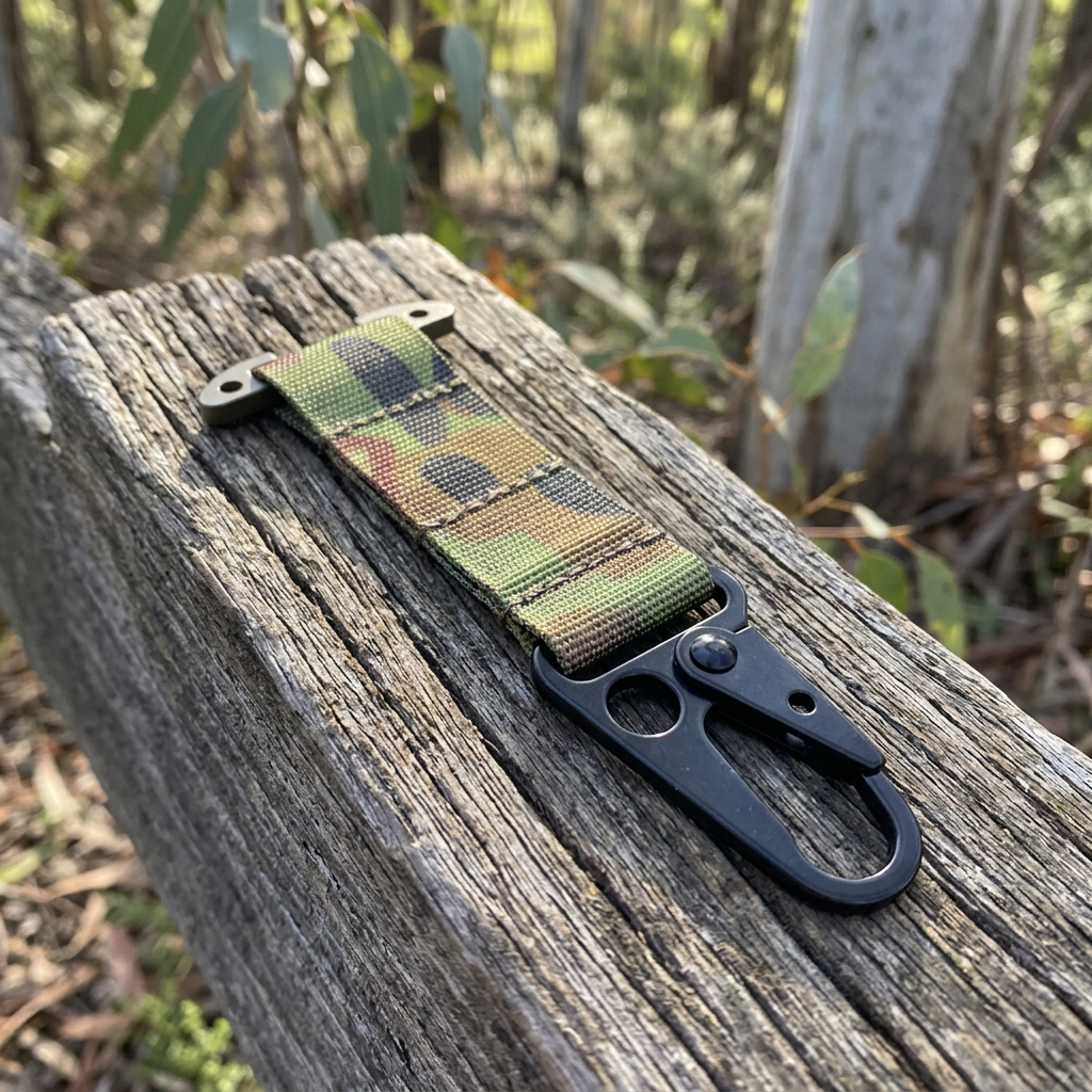 Illustrative camouflage tactical key holder on timber outdoors