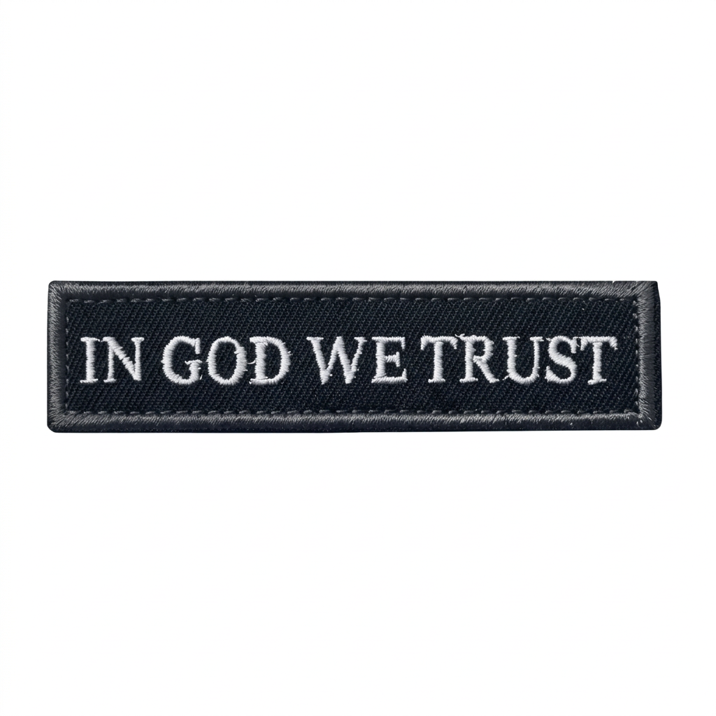 In God We Trust black embroidered patch with white lettering on a white background www.defenceqstore.com.au