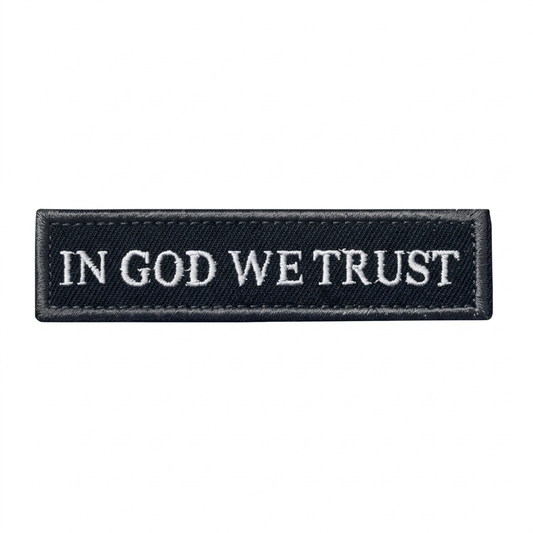 In God We Trust black embroidered patch with white lettering on a white background www.defenceqstore.com.au