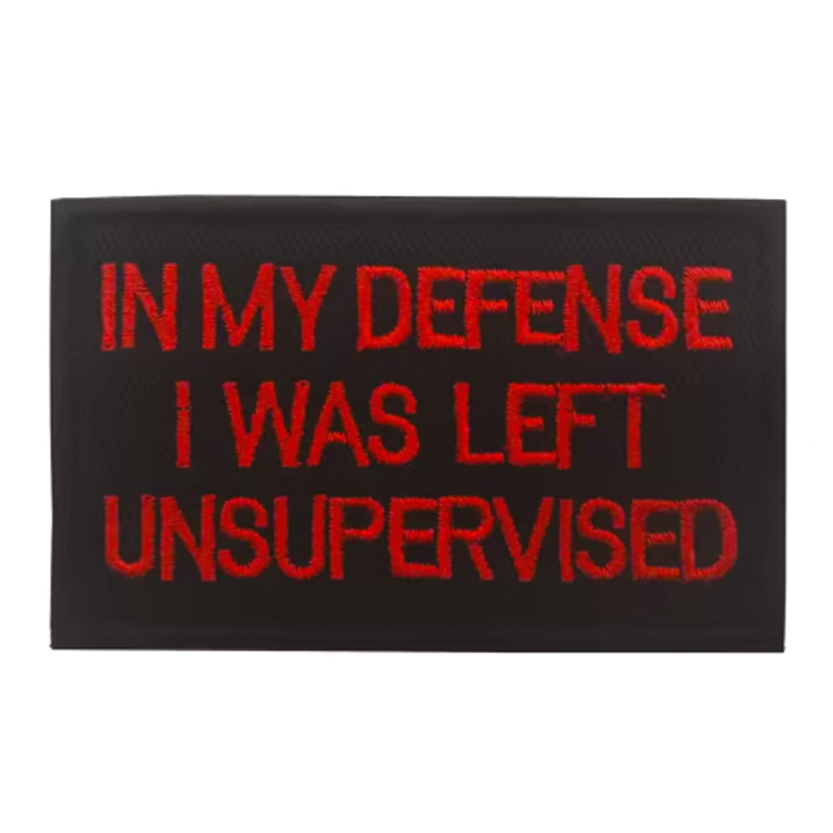 Unleash your rebellious spirit with the In My Defense I Was Left Unsupervised Morale Patch in red text! Featuring an embroidered design and hook &amp; loop backing, this 8x5cm patch is the perfect addition to your collection. Show off your unapologetic confidence and unique sense of humour with this high-quality product. www.defenceqstore.com.au
