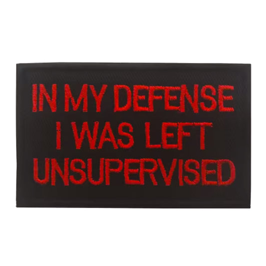 Unleash your rebellious spirit with the In My Defense I Was Left Unsupervised Morale Patch in red text! Featuring an embroidered design and hook &amp; loop backing, this 8x5cm patch is the perfect addition to your collection. Show off your unapologetic confidence and unique sense of humour with this high-quality product. www.defenceqstore.com.au